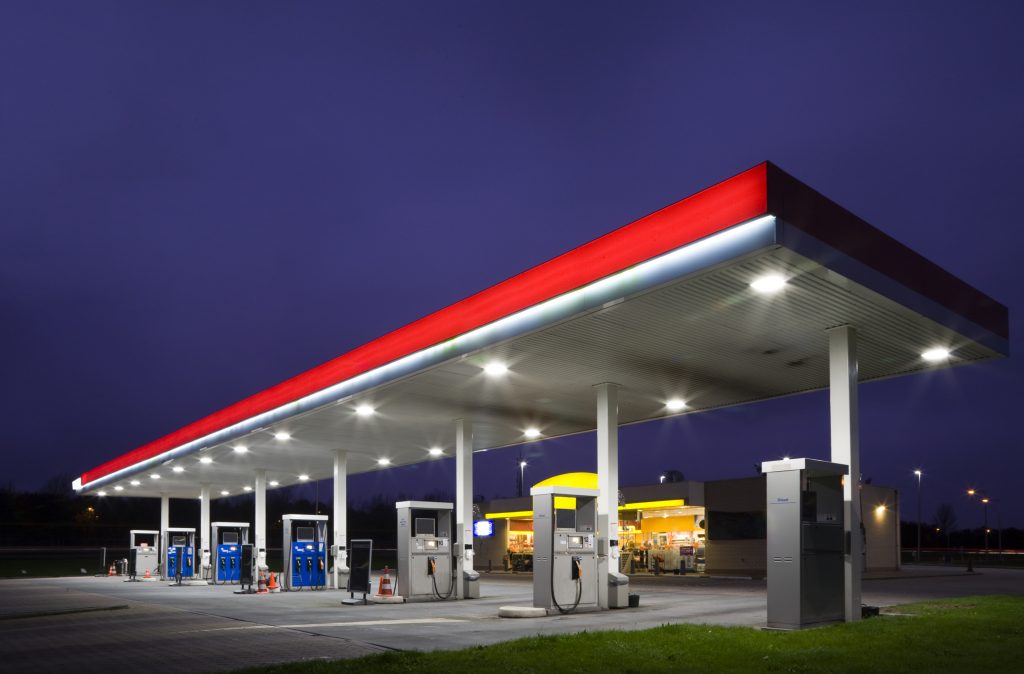 Empty gas station at night