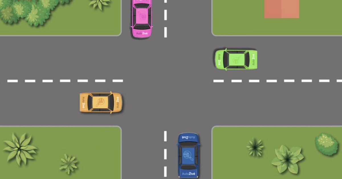 Jedna křižovatka, čtyři auta a nulová šance, jak situaci zvládnout. Určíte, kdo projede jako první? Řešení je bizarní