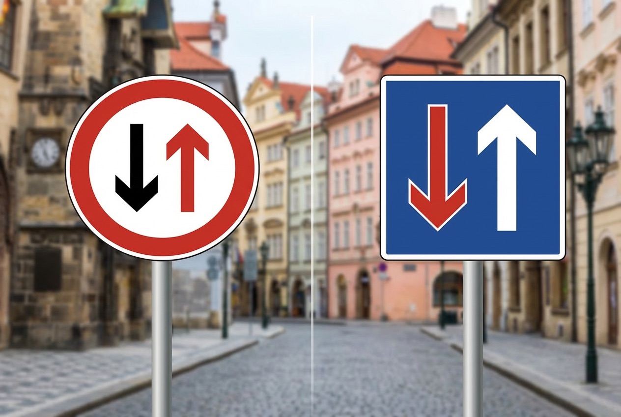 Dvě dopravní značky, které plete půlka řidičů v Česku. Ta vlevo dává přednost, ta vpravo ji bere